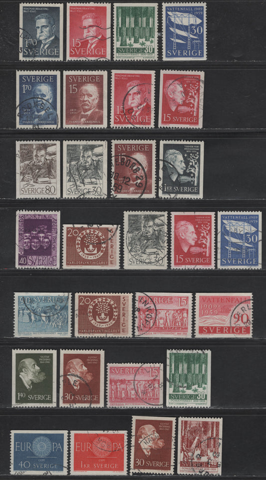 Lot 369 (C) Sweden #538-566 30 ore Ultramarine - 15 ore Rose Carmine, 1959 State Power Board - 1960 Hjalmar Branting Issues, 29 Very Fine Used & NH Singles #540 Is NH