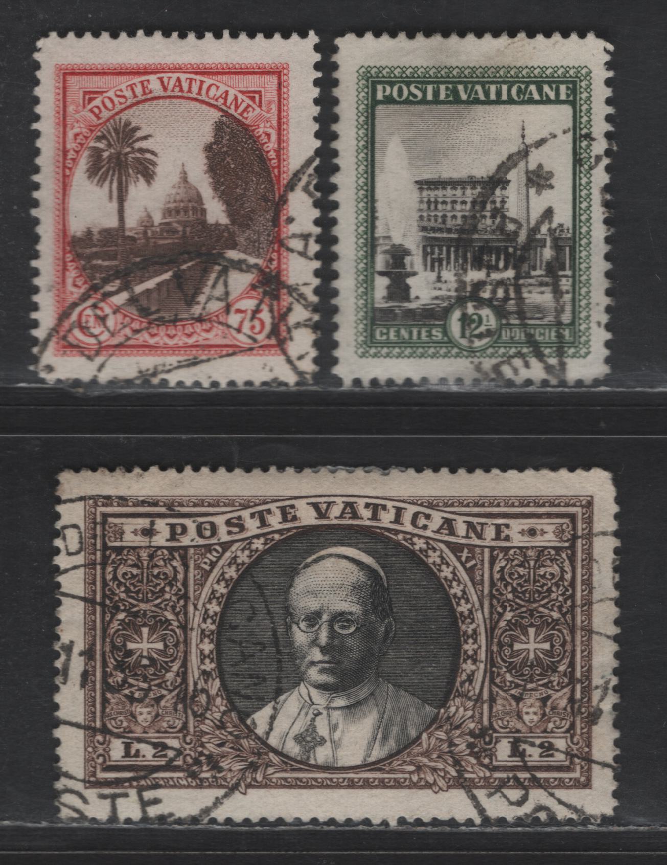 Lot 372 Vatican City #21, 26, 30 12 1/2c Deep Green & Black - 2L Dark Brown & Black, 1933 Pictorial Issue, 3 VG & VF Used Singles