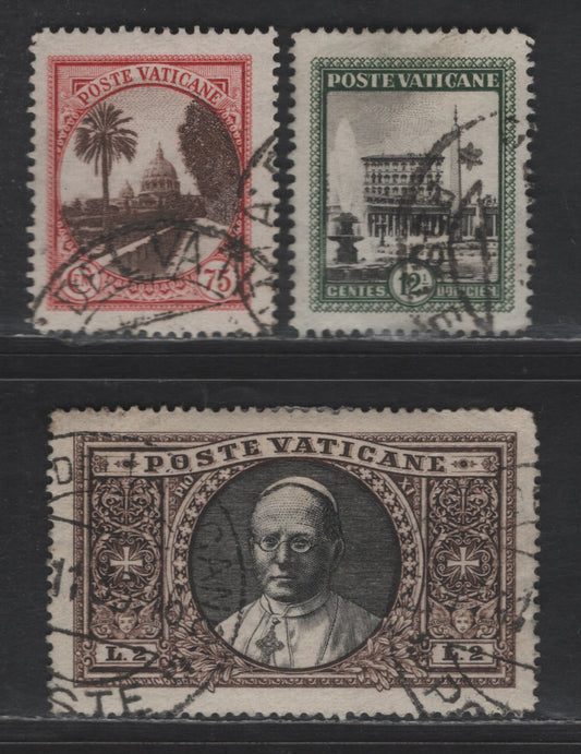 Lot 372 Vatican City #21, 26, 30 12 1/2c Deep Green & Black - 2L Dark Brown & Black, 1933 Pictorial Issue, 3 VG & VF Used Singles