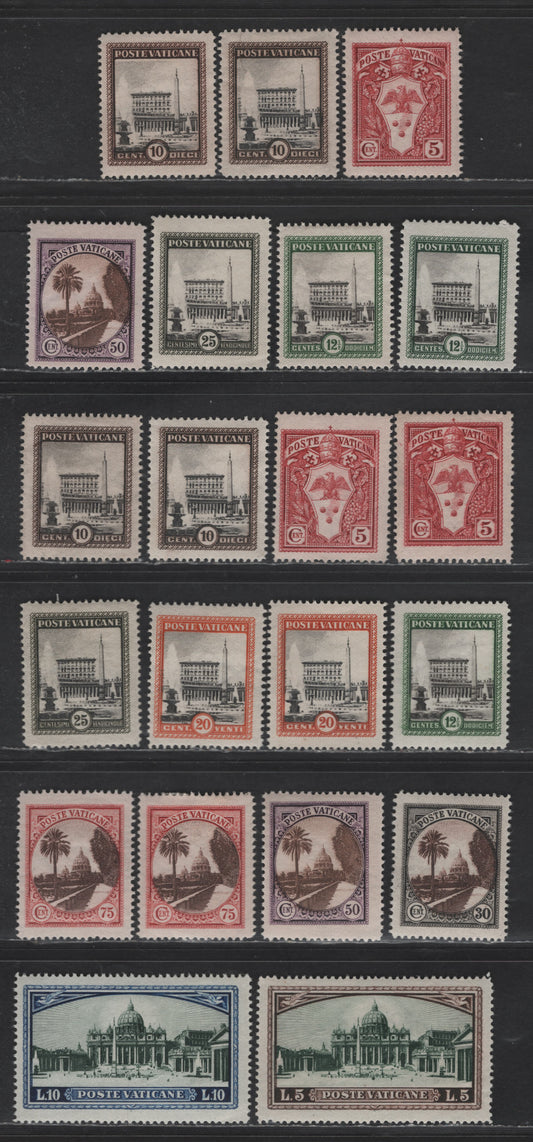 Lot 373 Vatican City #19-27, 32-33 5c Copper Red-10L Dark Blue & Dark Green, 1933 Pictorial Issue, 21 F & VFOG SIngles Line & Comb Perf 14 Selection With Shade & Gum Varieties