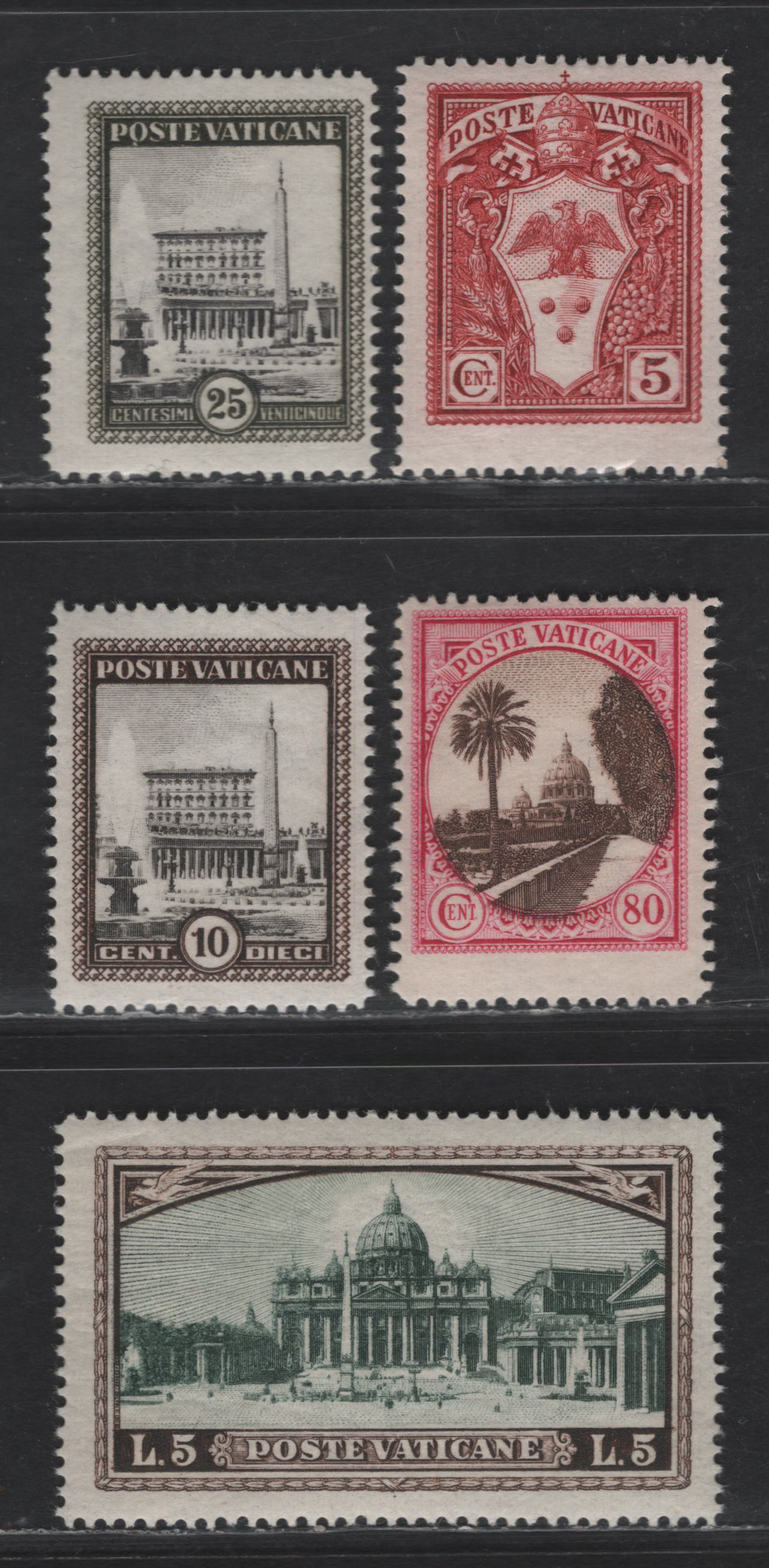 Lot 374 Vatican City #19, 20, 23, 27, 32 5c Copper Red - 5L Dark Brown & Dark Green, 1933 Pictorial Issue, 5 F & VF NH Singles Line & Comb Perf Selection With Shade & Gum Varieties