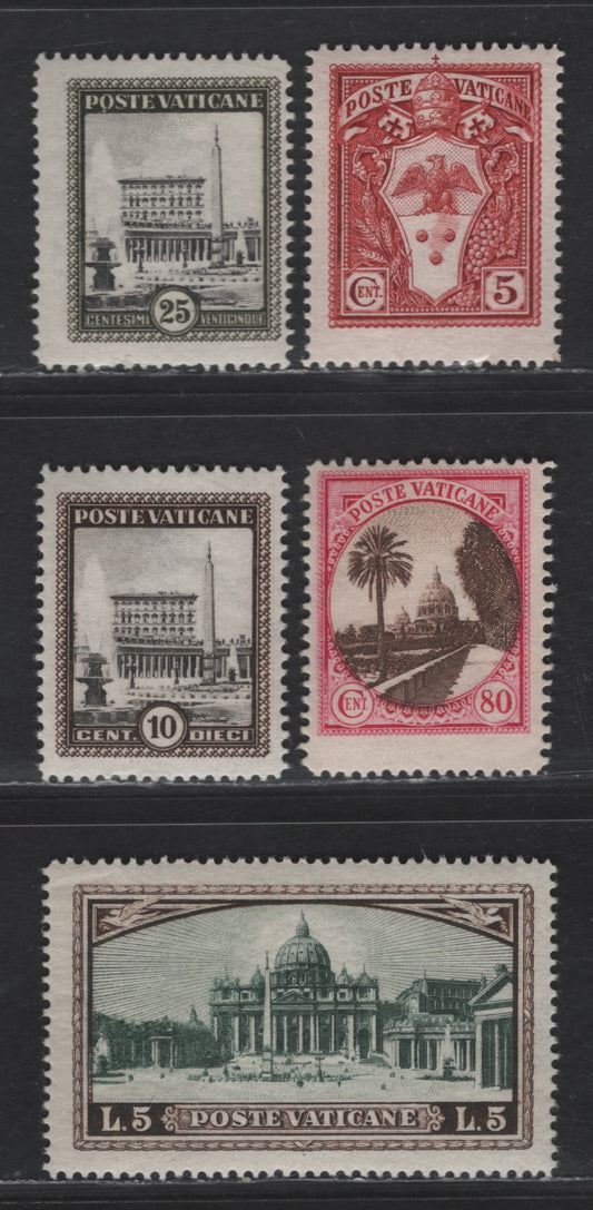 Lot 374 Vatican City #19, 20, 23, 27, 32 5c Copper Red - 5L Dark Brown & Dark Green, 1933 Pictorial Issue, 5 F & VF NH Singles Line & Comb Perf Selection With Shade & Gum Varieties
