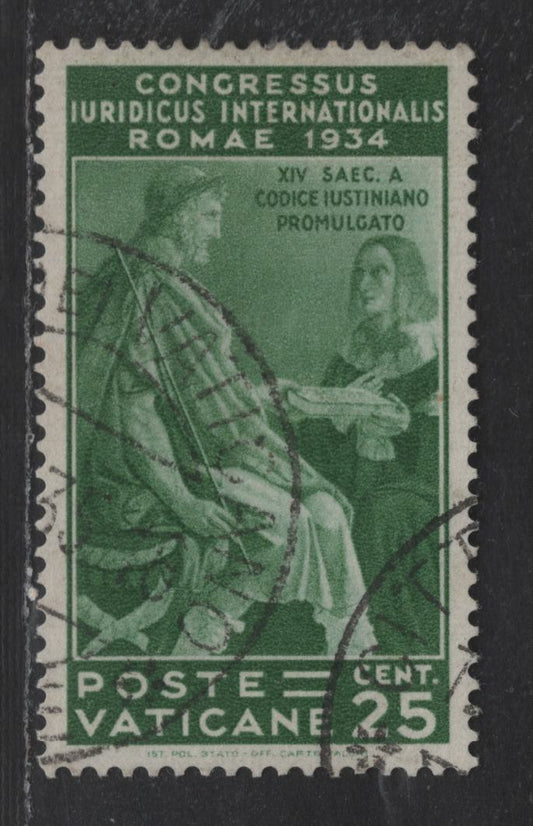 Lot 375 Vatican City #43 25c Green, 1935 Juridicial Congress Issue, A Very Fine Used Single