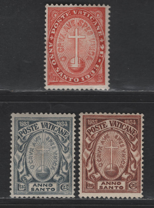 Lot 390 Vatican City #B2-B4 75c+15c Scarlet - 1.25L+25c Ultramarine, 1933 Holy Year Semi Postal Issue, 3 F & VFOG Singles