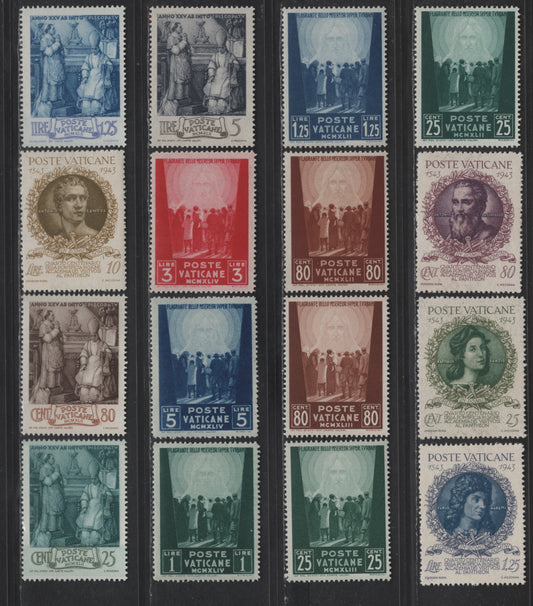Lot 392 Vatican City #77-79, 80-85, 87-90, 99-101 25c Dark Blue Green - 5L Deep Ultramarine, 1942 Picture Of Jesus - 1945 Picture Of Jesus Issues, 16 VFNH Singles
