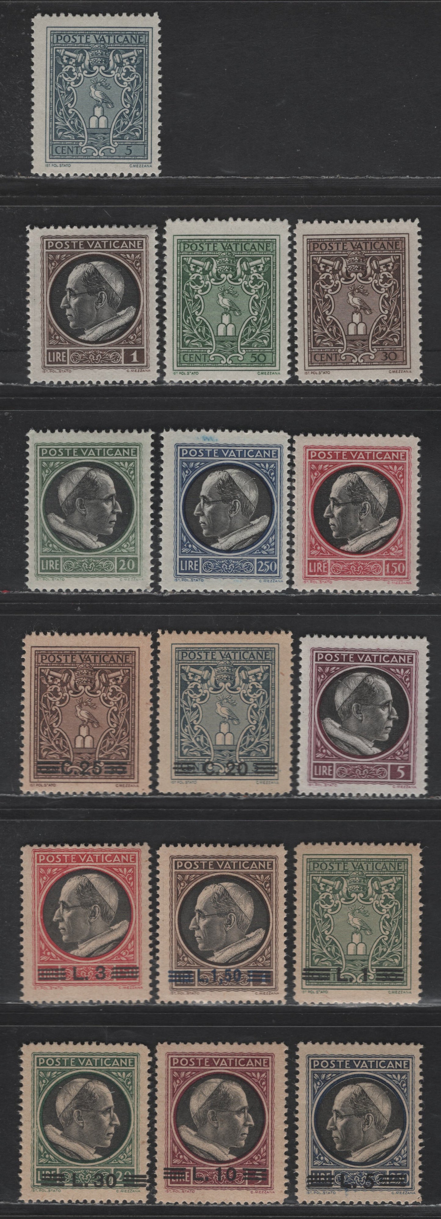 Lot 393 Vatican City #91-98, 102-109 5c Grey - 30L On 20L Grey Green & Black, 1945-1946 Pope Pius XII & Surcharges Issues, 16 F & VF NH&OG Singles