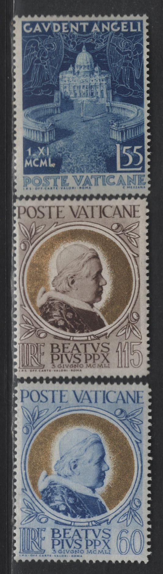 Lot 397 Vatican City #144, 147-148 55L Bright Blue - 115L Brown & Gold, 1951 Proclamation Of Roman Catholic Dogma - Pope Pius X Issues, 3 F & VF OG Singles
