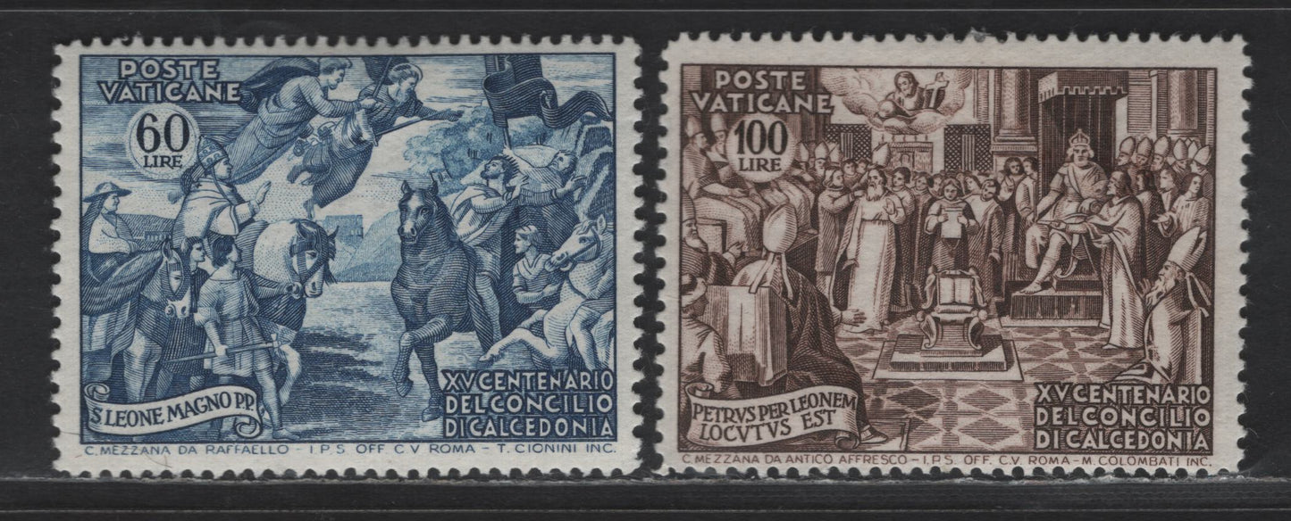 Lot 398 Vatican City #152-153 60L Deep Blue & 100L Dark Brown, 1951 Council Of Chalcedon Issue, 2 FOG Singles