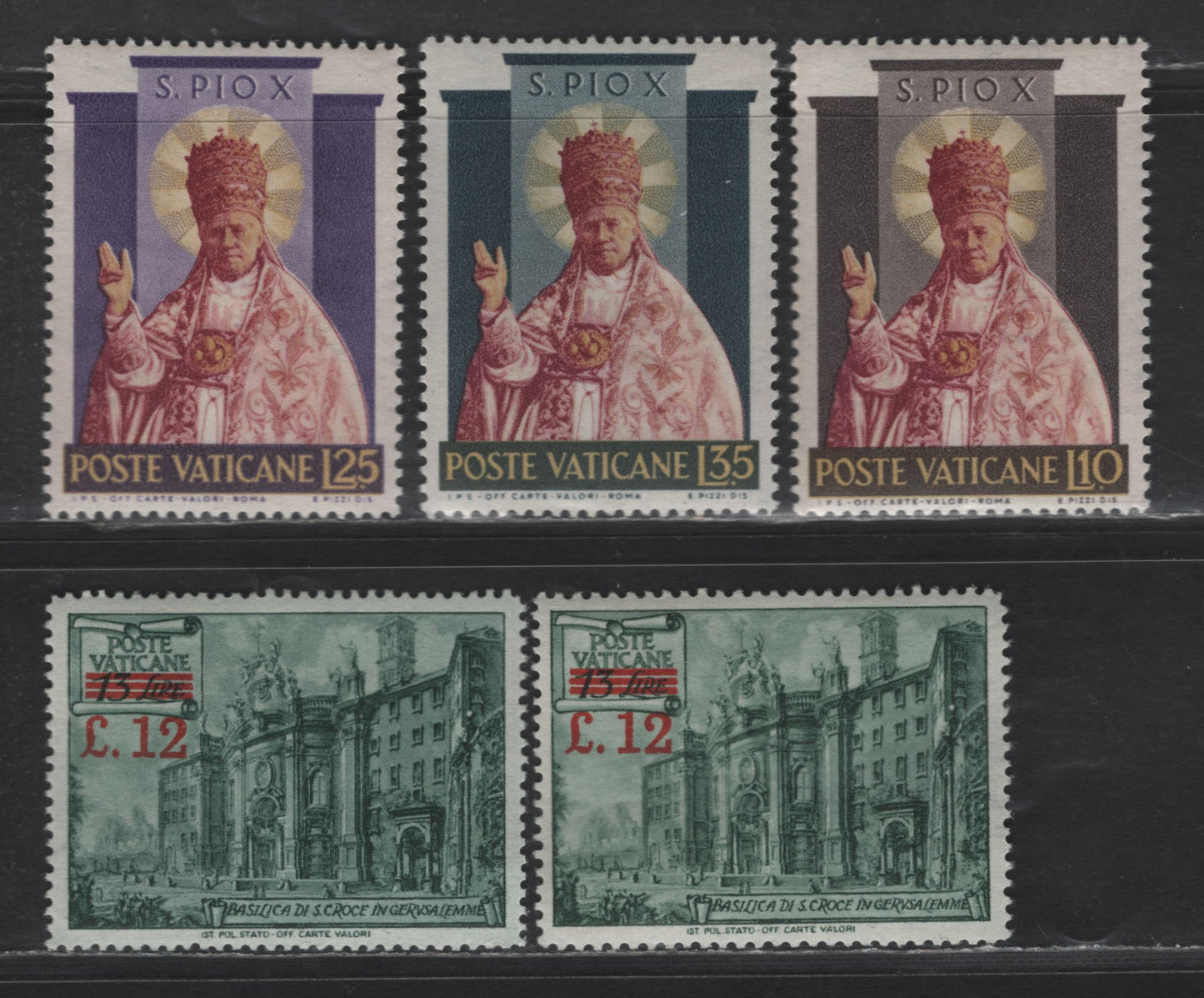 Lot 399 Vatican City #154-154a, 182-184 121 On 131 Dull Green - 351 Multicoloured, 1952 Surcharges - 1954 Canonization Of Pope Pius X Issues, 5 VFOG Singles Includes Both Perf 14 & 13 1/2x14 Of The Surcharge