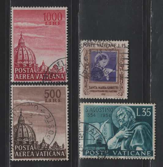 Lot 401 Vatican City #C22, C34a, 156, 187 15L Deep Brown & Violet -1000 Rose Lilac, 1953 Martyrdom Of St. Maria Goretti - 1958 Airmail Issues, 4 Very Fine Used Singles 1000L Is Perf 14