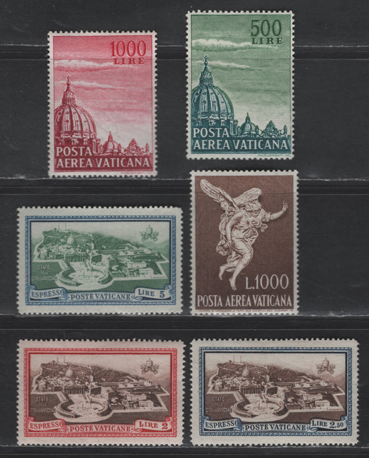 Lot 406 Vatican City #C33, C34a, C45, E3-E4, E6 500L Green & Blue Green - 5L Ultramarine & Green, 1958 Airmail - 1945 Special Delivery Issues, 6 VFNH Singles