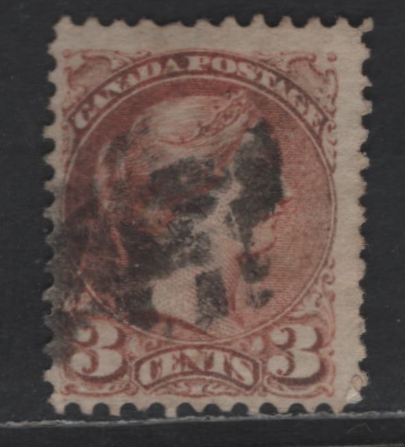 Lot 407 Canada SC#37iiivar 3c Orange Red Queen Victoria, 1870-1893 Small Queen Issue, A Fine Used Single, Indistinct Cork Cancel, Mid Montreal Printing, Column 1, No Position Dot, Paper MM-B, Oxidized