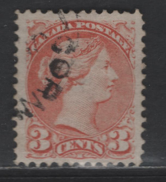 Lot 408 Canada SC#37iii 3c Dull Orange Red Queen Victoria, 1870-1893 Small Queen Issue, A Very Fine Used Single Mid Montreal Printing, Paper MM-B,, Tiny Position Dot At LL, Perf 11.6x12