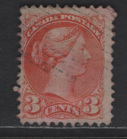 Lot 409 Canada SC#37iii 3c Orange Red Queen Victoria, 1870-1893 Small Queen Issue, A Fine Used Single Mid Montreal Printing, Paper MM-D, Column 1,, No Position Dot At LL, Perf 11.6x12