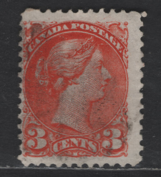 Lot 410 Canada SC#37iii 3c Deep Bright Red Orange Queen Victoria, 1870-1893 Small Queen Issue, A Fine Used Single, Mid Montreal Printing, Paper MM-T, Perf 11.6x12