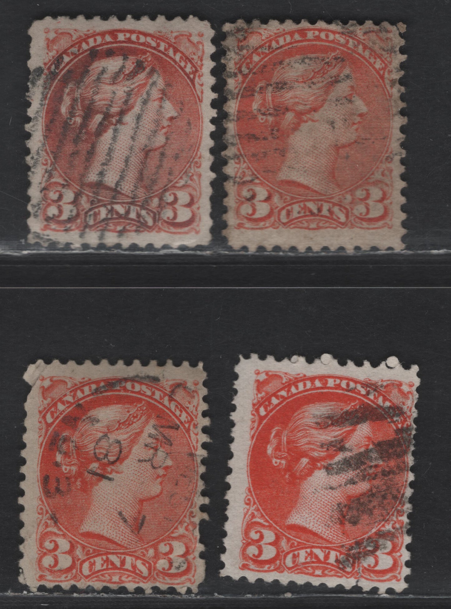 Lot 412 Canada SC#37iii, 37e 3c Red & Orange Red Queen Victoria, 1870-1893 Small Queen Issue, 4 Ungraded Singles, Mid Montreal Printing, Papers MM-F, MM-I & MM-B, No Pos. Dots (Making These Outer Sheet Examples), References With Slight Faults