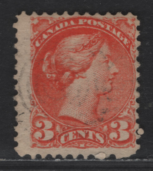 Lot 413 Canada SC#37iii 3c Bright Reddish Orange Shade Queen Victoria, 1870-1893 Small Queen Issue, A Fine Used Single, Mid Montreal Printing, Paper MM-B, Perf 11.75x12, No Pos. Dot
