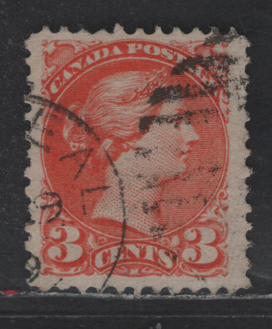 Lot 420 Canada SC#37iii 3c Red Orange Queen Victoria, 1870-1893 Small Queen Issue, A Very Fine Used Single, Mid Montreal Printing, Paper MM-B, No Pos. Dot, Perf 11.75x12