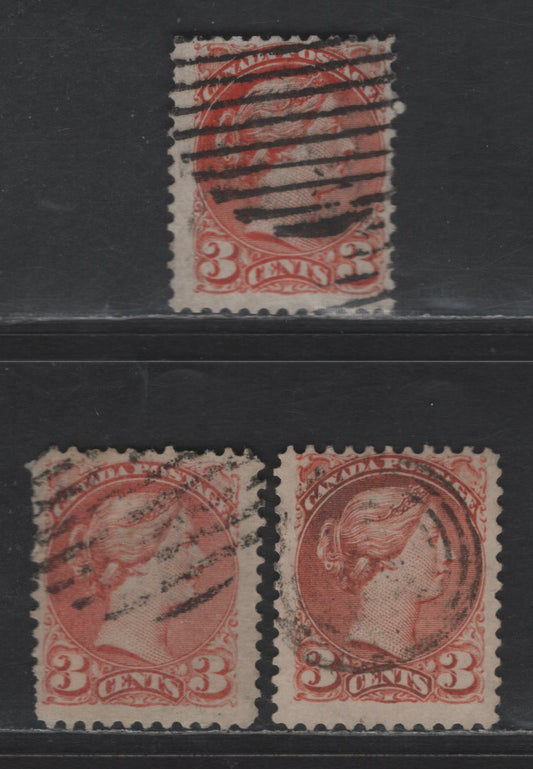 Lot 423 Canada SC#37iii 3c Dull Red & Dull Orange Red Queen Victoria, 1870-1893 Small Queen Issue, 3 Fine Used Singles, Mid Montreal Printings, Papers MM-E, MM-D & MM-R, No Pos. Dots, Perf 11.75x12