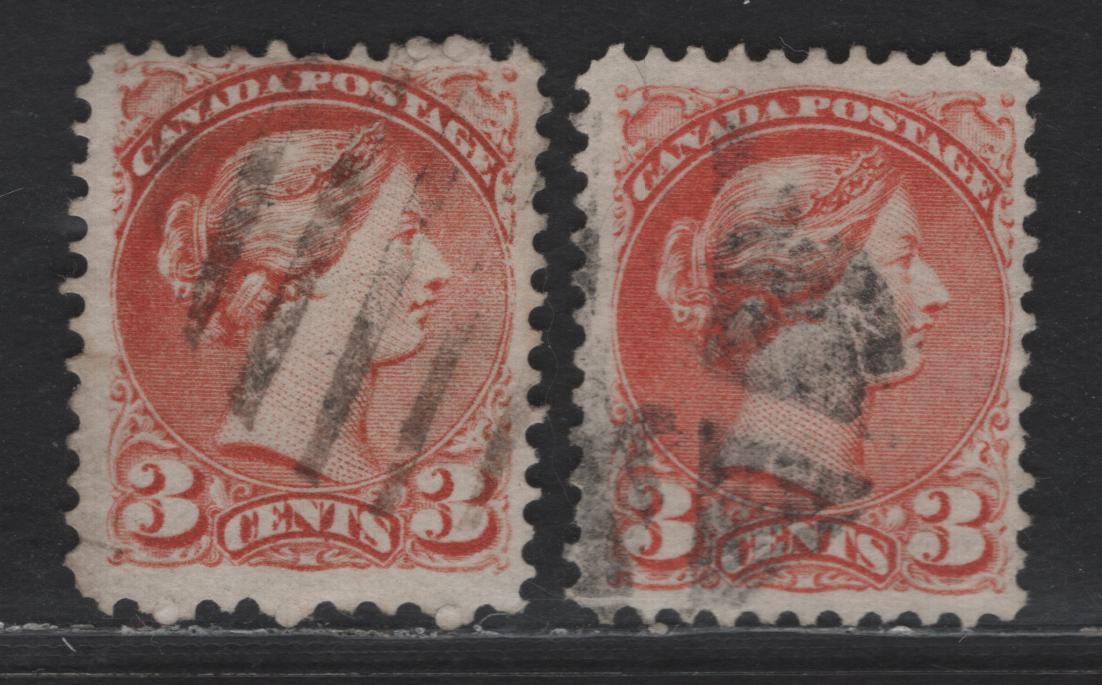 Lot 424 Canada SC#37ii 3c Dull Red & Dull Orange Red Queen Victoria, 1870-1893 Small Queen Issue, 2 Fine Used Singles, Mid Montreal Printings, Paper MM-I, No Pos. Dots, Perf 11.75x12