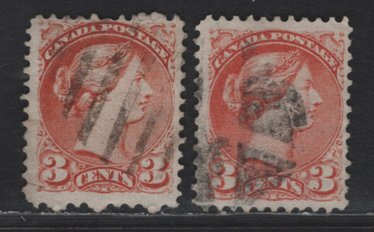 Lot 424 Canada SC#37ii 3c Dull Red & Dull Orange Red Queen Victoria, 1870-1893 Small Queen Issue, 2 Fine Used Singles, Mid Montreal Printings, Paper MM-I, No Pos. Dots, Perf 11.75x12