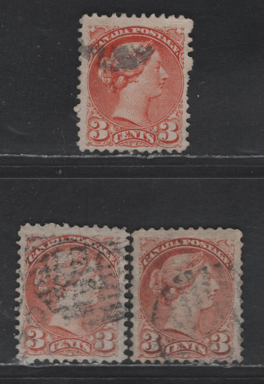 Lot 425 Canada SC#37ii-iii 3c Dull Red & Dull Orange Red Queen Victoria, 1870-1893 Small Queen Issue, 3 Fine Used Singles, Mid Montreal Printings, Paper MM-B, No Pos. Dots, Perf 11.75x12