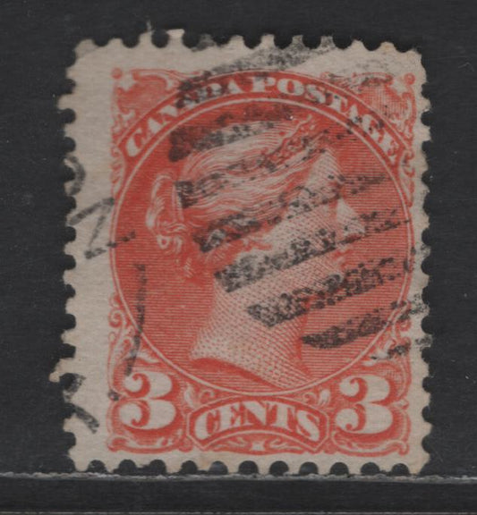 Lot 426 Canada SC#37iii 3c Bright Reddish Orange Queen Victoria, 1870-1893 Small Queen Issue, A Fine Used Single, Mid Montreal Printing, Paper MM-H, No Pos. Dots, Perf 11.75x12, Scarcer Types