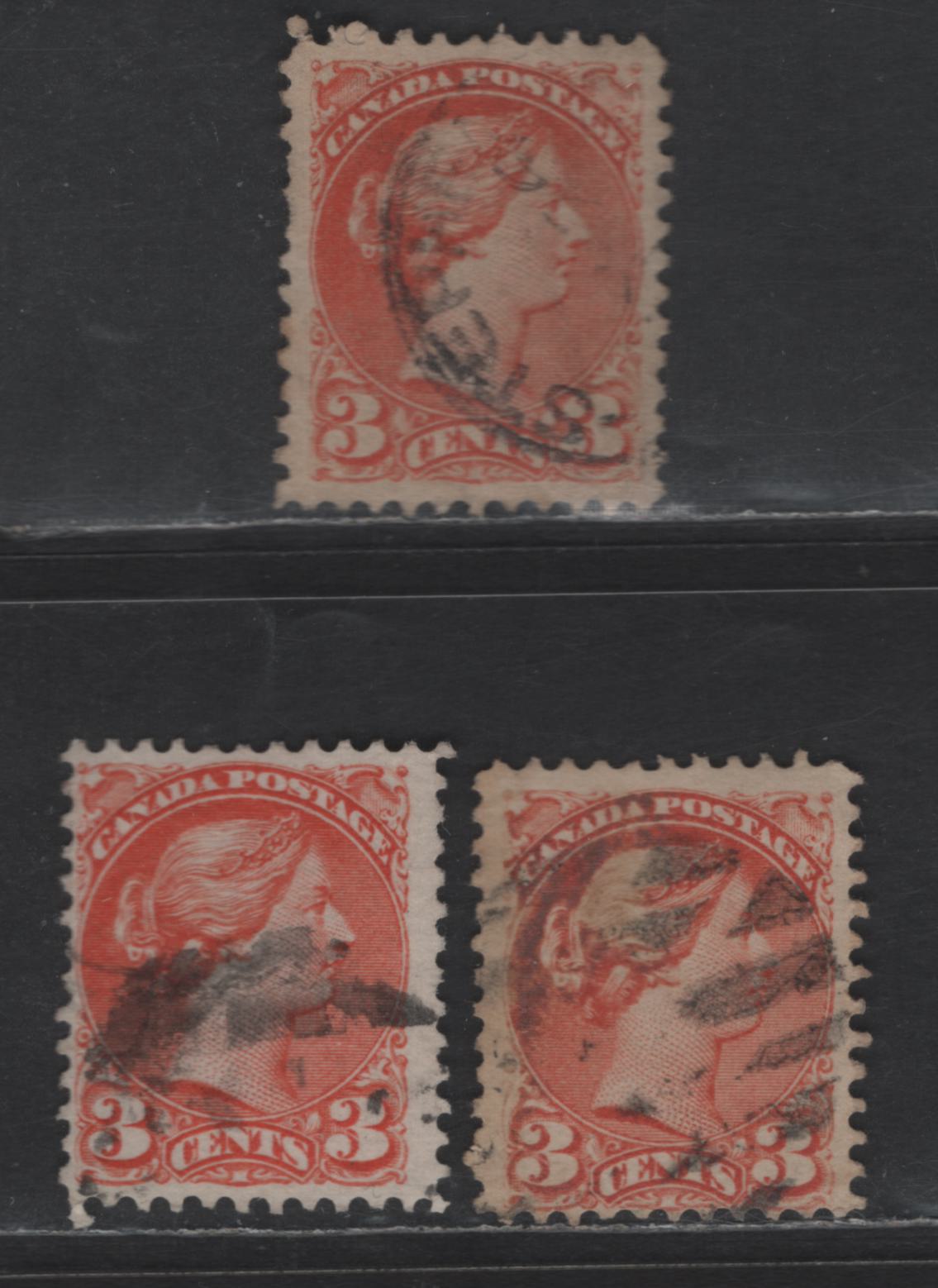 Lot 427 Canada SC#37iii 3c Reddish Orange & Dull Reddish Orange Queen Victoria, 1870-1893 Small Queen Issue, 3 Fine Used Singles, Mid Montreal Printings, Paper MM-I, No Pos. Dots, Perf 11.75x12, Different Shades