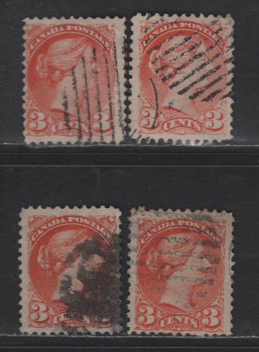 Lot 428 Canada SC#37iii 3c Dull Orange Red, Reddish Orange & Dull Reddish Orange Queen Victoria, 1870-1893 Small Queen Issue, 4 Fine Used Singles, Mid Montreal Printings, Paper MM-B, No Pos. Dots, Perf 11.75x12