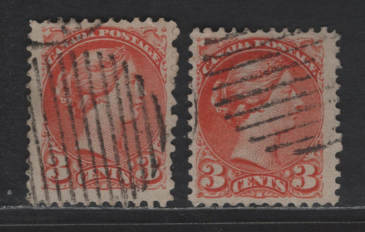 Lot 429 Canada SC#37iii 3c Reddish Orange Queen Victoria, 1870-1893 Small Queen Issue, 2 Fine Used Singles, Mid Montreal Printings, Left Column Papers MM-D & MM-V No Pos. Dot, Perf 11.75x12