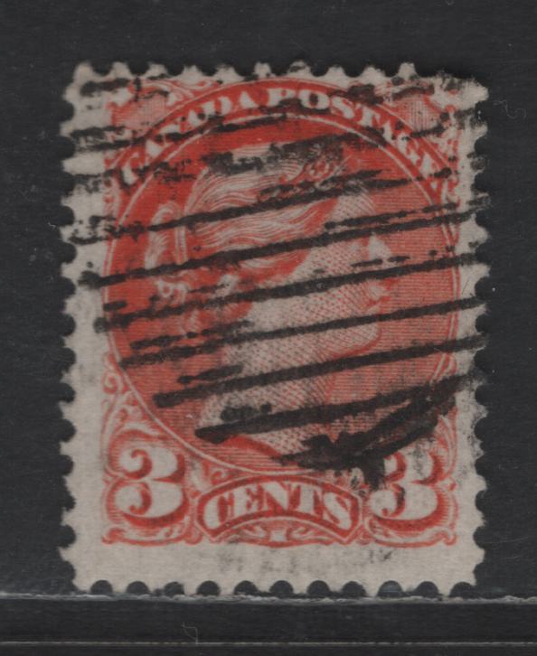 Lot 430 Canada SC#37iii 3c Red Orange Queen Victoria, 1870-1893 Small Queen Issue, A Fine Used Single, Mid Montreal Printing, Left Column, Paper MM-R, No Pos. Dot, Perf 11.75x12