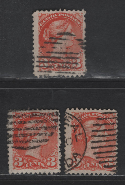 Lot 432 Canada SC#37iii 3c Red Orange Queen Victoria, 1870-1893 Small Queen Issue, 3 Fine Used Singles, Mid Montreal Printings, Left Column, Papers MM-C, MM-O & MM-U, No Pos. Dot, Perf 11.75x12