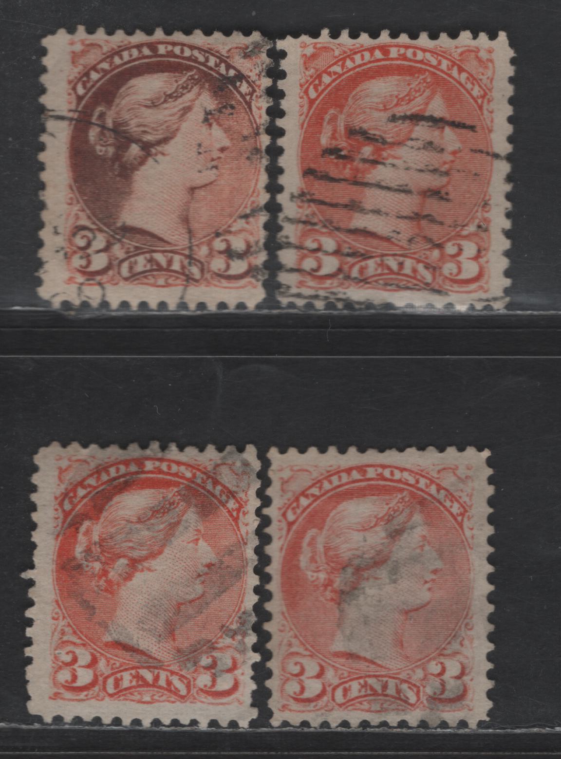 Lot 434 Canada SC#37iii 3c Dull Reddish Orange & Dull Orange Red Queen Victoria, 1870-1893 Small Queen Issue, 4 Fine Used Singles, Mid Montreal Printings, Left Column, Papers MM-V, MM-P & MM-U, No Pos. Dot, Perf 11.75x12