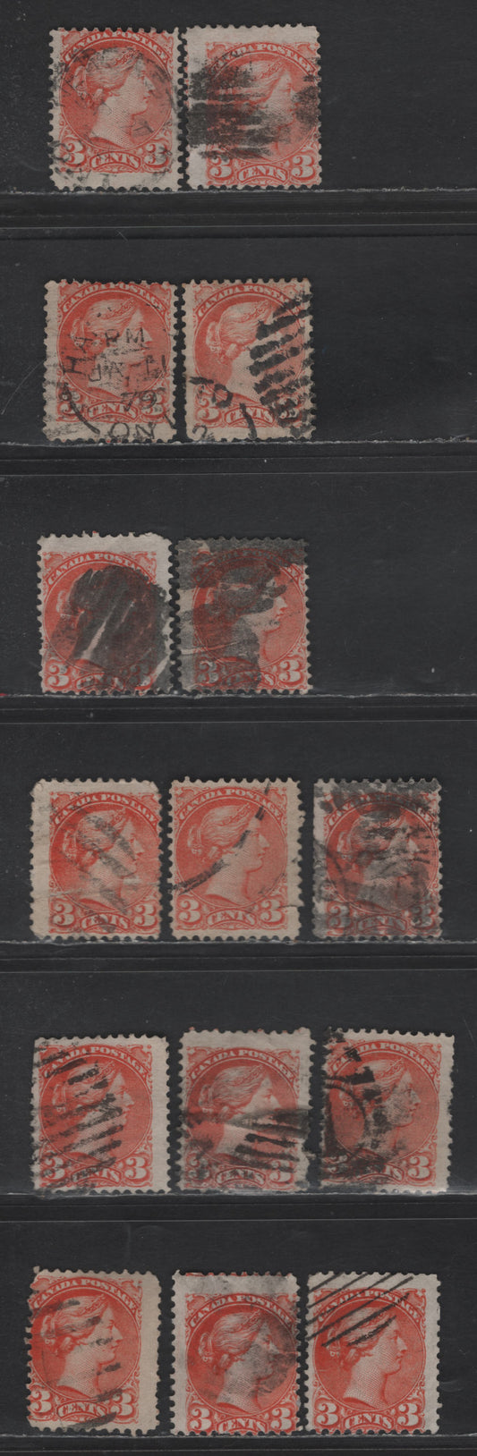 Lot 435 Canada SC#37iii 3c Red Orange Queen Victoria, 1870-1893 Small Queen Issue, 15 Ungraded Singles, Mid Montreal Printings, Left Column, Unsorted Paper Types, Faulty, No Pos. Dot, Perf 11.75x12