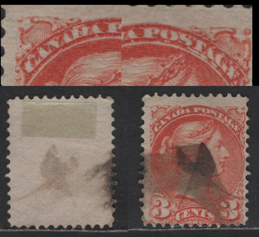 Lot 437 Canada SC#37iii 3c Red Queen Victoria, 1870-1893 Small Queen Issue, A Very Good Used Single, Mid Montreal Printing, Paper MM-B, No Pos. Dot, Perf 12x12.2, Extensive Dry Inking Under Canada Postage