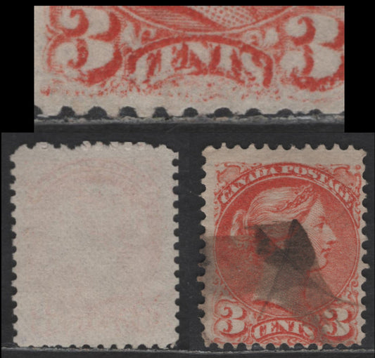 Lot 438 Canada SC#37var 3c Red Orange Queen Victoria, 1870-1893 Small Queen Issue, A Very Fine Used Single, Late Montreal Printing, Paper LM-Q, No Pos. Dot, Perf 12.2x12, Missing Detail At Base Of Design