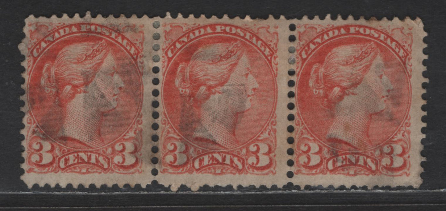 Lot 439 Canada SC#37 3c Red Orange Queen Victoria, 1870-1893 Small Queen Issue, A Very Good/Fine Used Strip Of 3, Late Montreal Printing, Paper LM-R, No Pos. Dots Or Medallion Dots, Perf 12x12.1