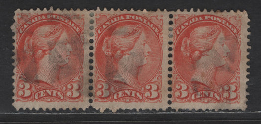 Lot 439 Canada SC#37 3c Red Orange Queen Victoria, 1870-1893 Small Queen Issue, A Very Good/Fine Used Strip Of 3, Late Montreal Printing, Paper LM-R, No Pos. Dots Or Medallion Dots, Perf 12x12.1