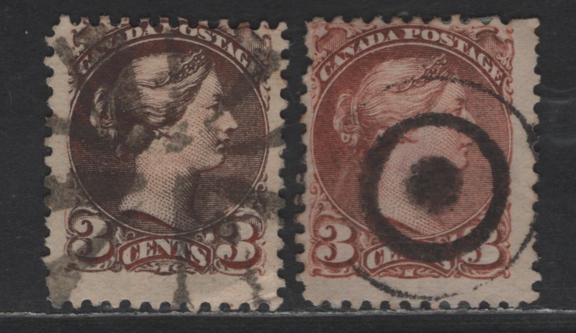 Lot 441 Canada SC#37var 3c Reddish Orange Queen Victoria, 1870-1893 Small Queen Issue, 2 Good/Very Good Used Singles, Mid Montreal Printings, Paper MM-B, No Pos Dot, Perfs 12 & 12.2x12, Oxidized Color, Fancy Starburst Cork & Bullseye Cancel