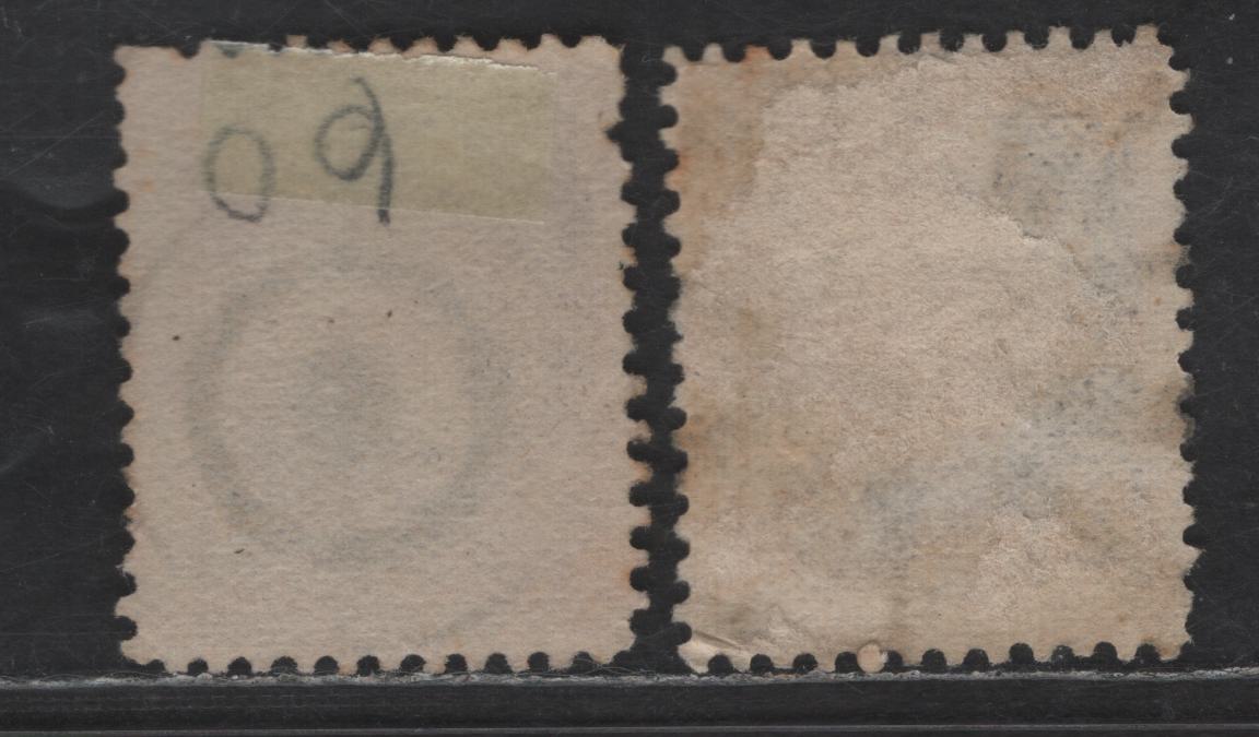 Lot 441 Canada SC#37var 3c Reddish Orange Queen Victoria, 1870-1893 Small Queen Issue, 2 Good/Very Good Used Singles, Mid Montreal Printings, Paper MM-B, No Pos Dot, Perfs 12 & 12.2x12, Oxidized Color, Fancy Starburst Cork & Bullseye Cancel