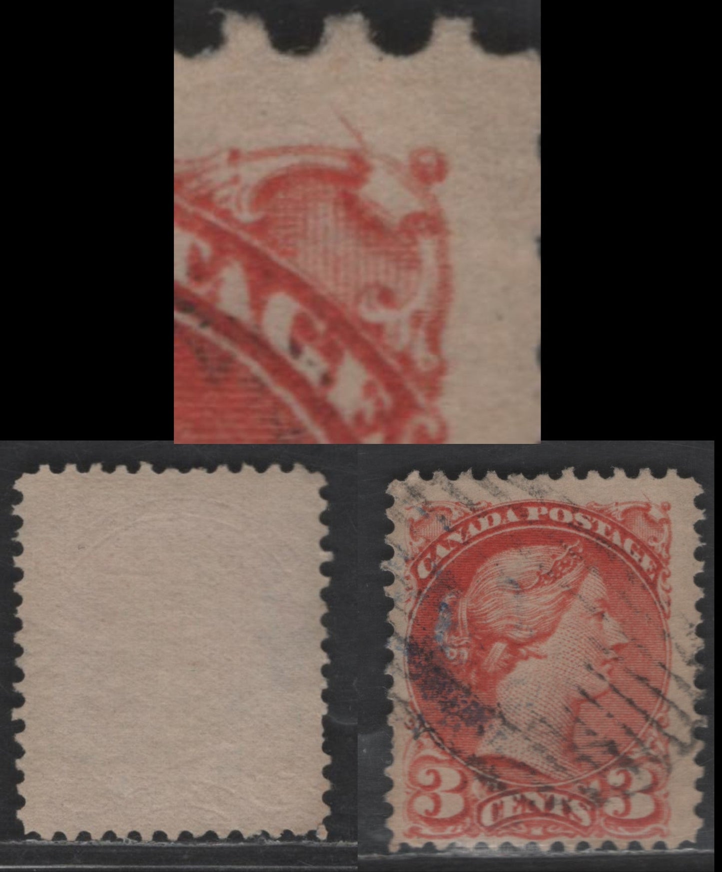 Lot 442 Canada SC#37var 3c Reddish Orange Queen Victoria, 1870-1893 Small Queen Issue, A Fine Used Single, Late Montreal Printing, Paper LM-S, No Pos. Dot, Perf 12.1x12, Unlisted, Diagonal Line From UR Of Ornament