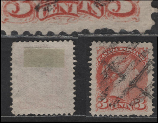 Lot 443 Canada SC#37var 3c Reddish Orange Queen Victoria, 1870-1893 Small Queen Issue, A Fine Used Single, Mid Montreal Printing, Paper MM-B, Weak Entry At Base, Jumbo Margins, Perf 12x12.2
