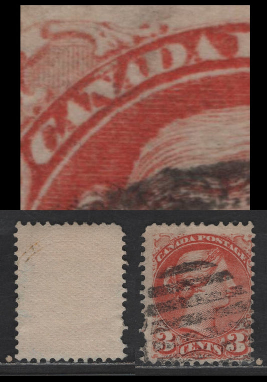 Lot 444 Canada SC#37var 3c Dull Orange Red Queen Victoria, 1870-1893 Small Queen Issue, A Very Good Used Single, Mid Montreal Printing, Paper MM-L, Dry Inking Above 'N' Of Canada, Perf 12x12.2, No Dot