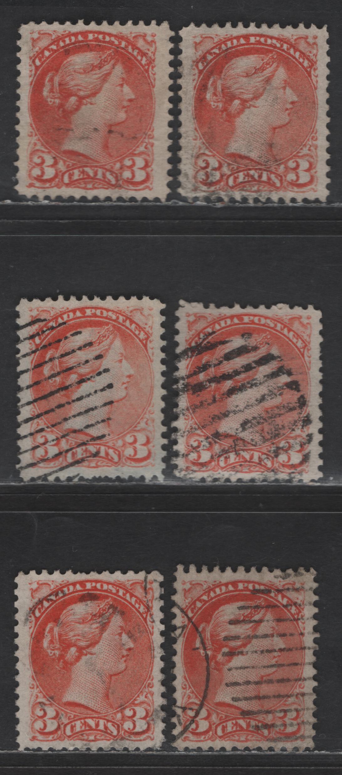 Lot 447 Canada SC#37 3c Red Orange Queen Victoria, 1870-1893 Small Queen Issue, 6 Very Fine Used Singles, Mid Montreal Printings, Papers MM-U, MM-P, MM-R & MM-O, No Pos. Dots Or Medallion Dots, Perf Compounds Of 12 & 12.1x12.2