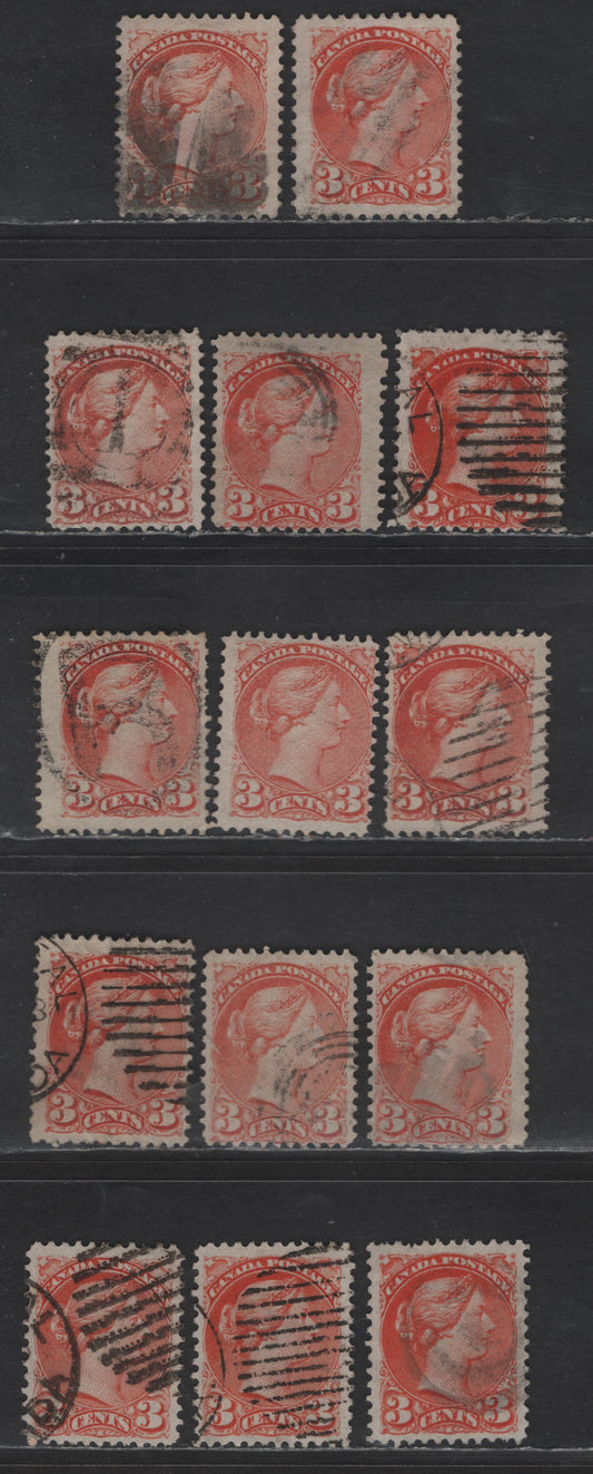Lot 448 Canada SC#37 3c Orange Red Queen Victoria, 1870-1893 Small Queen Issue, 14 Fine Used Singles, Mid To Late Montreal Printings, Papers MM-B, MM-I, MM-R, MM-S, MM-U, MM-D & MM-O, Perf Compunds Of 12, 12.1 & 12.2, No Pos. Dots