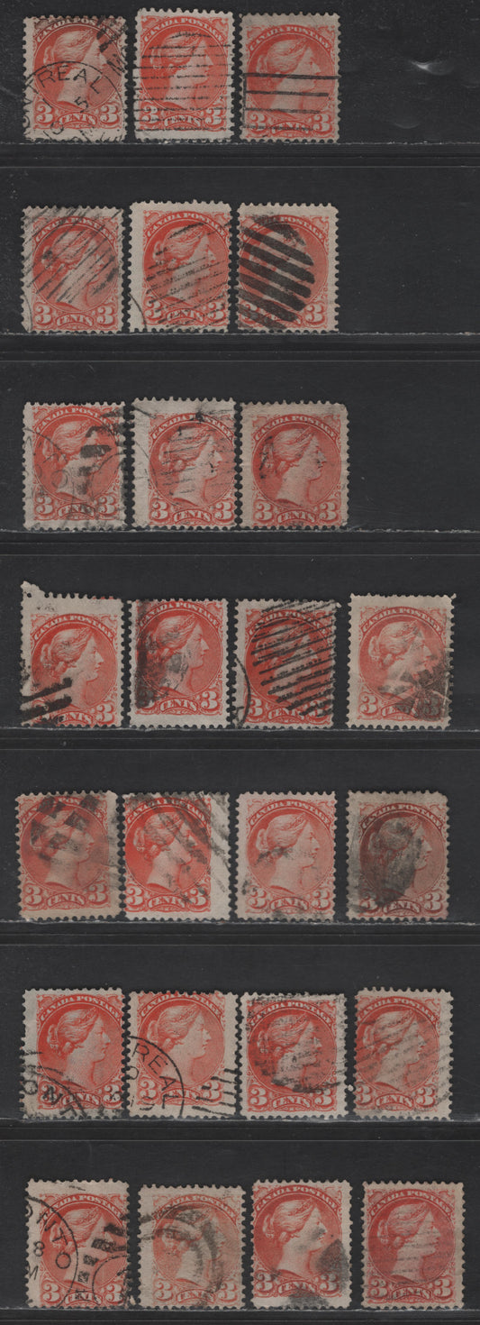 Lot 449 Canada SC#37 3c Orange Red Queen Victoria, 1870-1893 Small Queen Issue, 25 Ungraded Singles, Mid To Late Montreal Printings, Unsorted Paper Types, No Pos. Dots Or Medallions