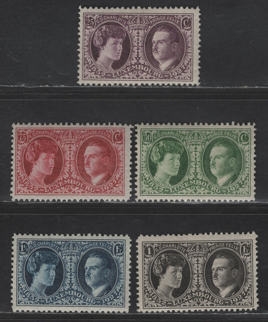 Lot 185 Luxembourg SC#B20-B24 25c - 1.5fr Deep Violet - Deep Blue Grand Duchess Charlotte & Prince Felix, 1927 Semi Postal Issue, 5 VFNH Singles