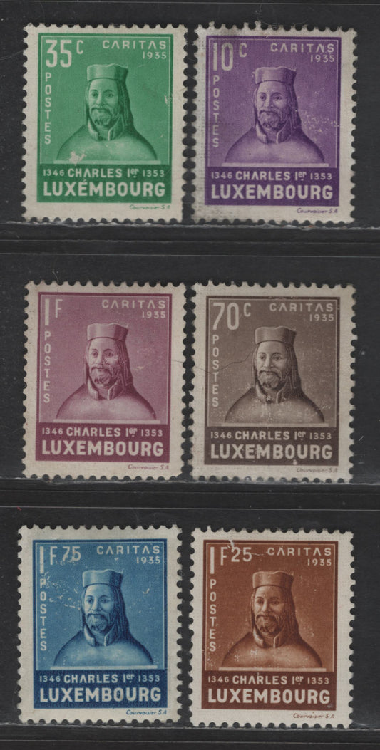Lot 187 Luxembourg SC#B67-B72 10c+5c - 1.75fr+1.50fr Violet - Blue Charles I, 1935 Semi Postal Issue, 6 FOG Singles, Unwatermarked, Perf 11.5