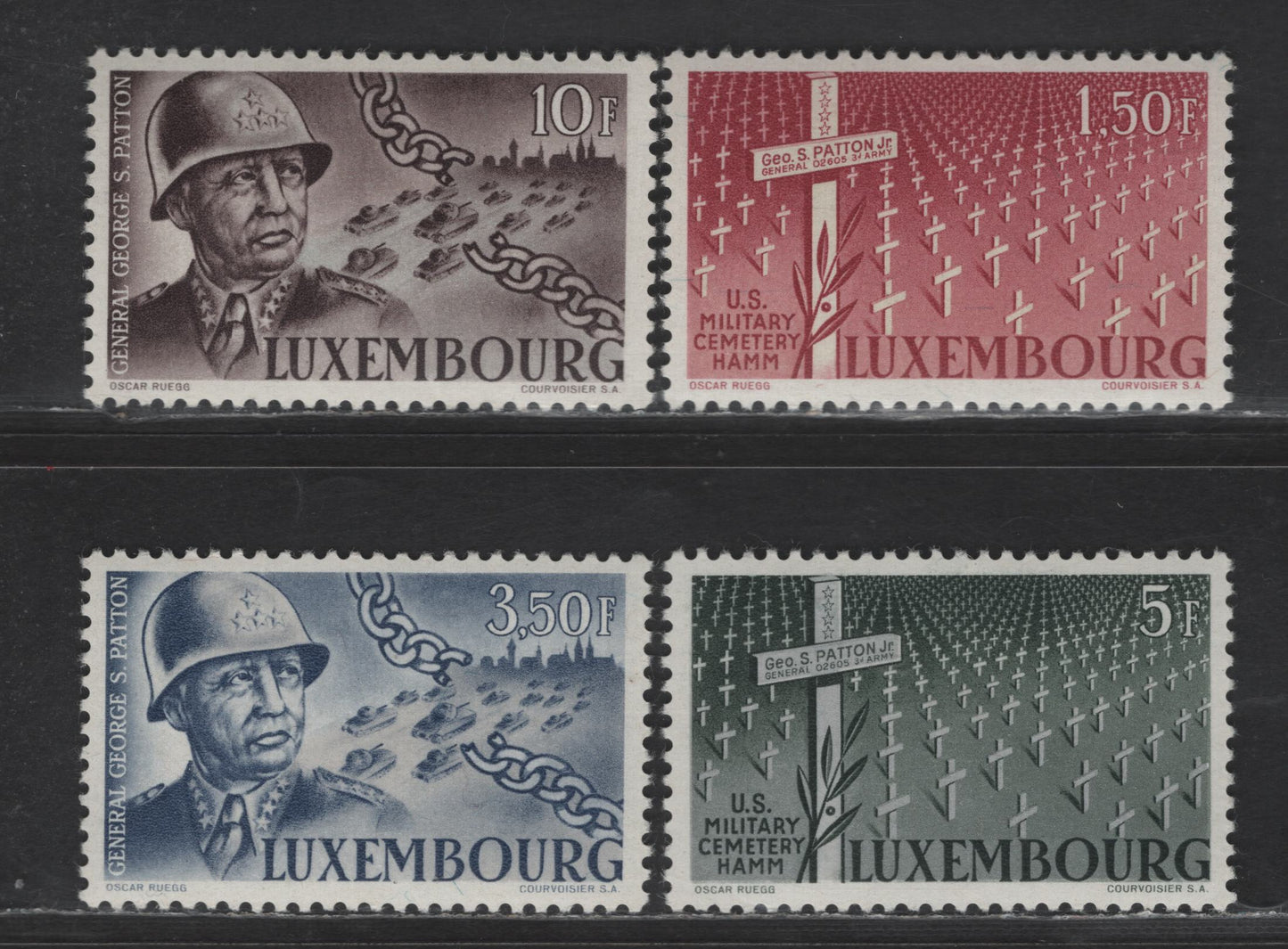 Lot 189 Luxembourg SC#242-245 1.50fr - 10fr Dark Carmine - Chocolate Patton's Grave - Gen. Patton, 1947 George S. Patton Jr Issue, 4 VFOG Singles