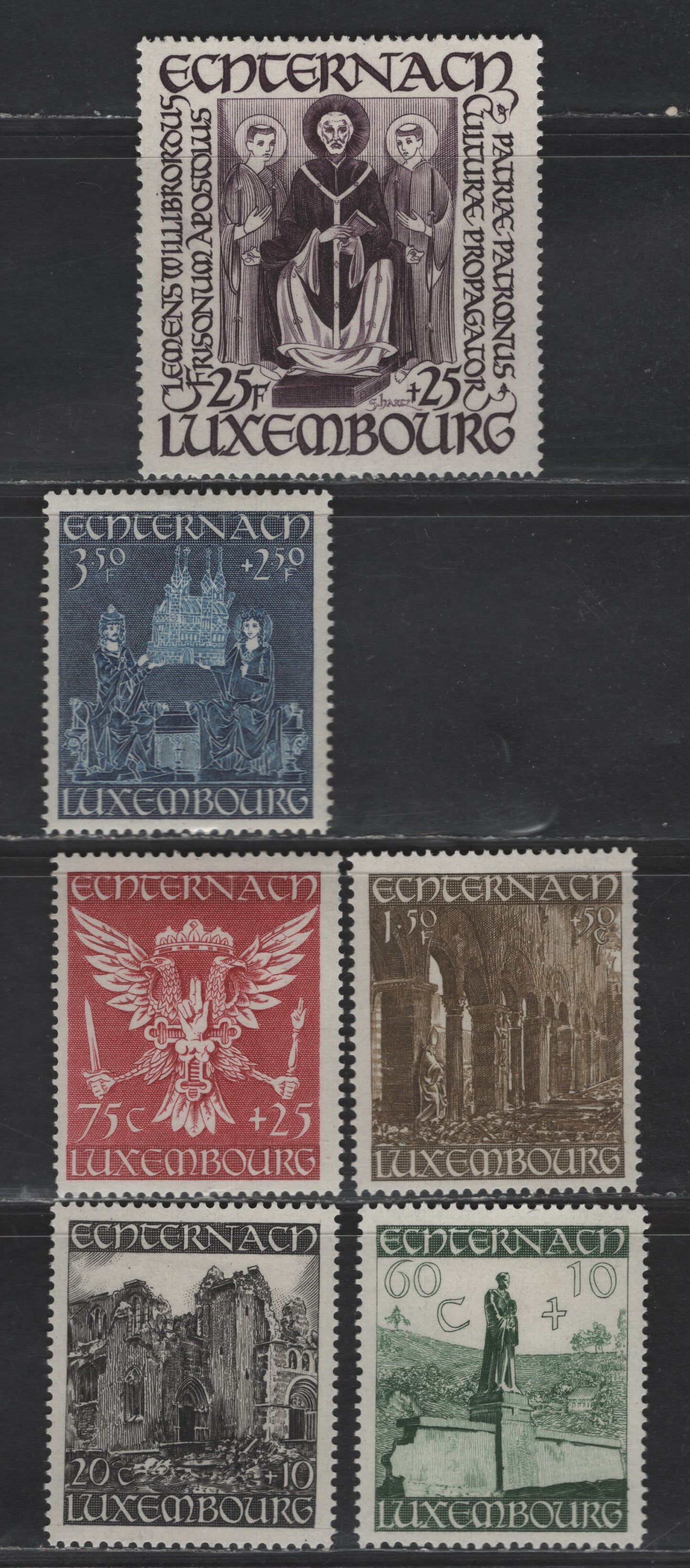 Lot 190 Luxembourg SC#B137-B142 20c+10c - 25fr+25fr Black - Dark Purple Ruins of St Willibrord Basilica - Twelfth Centurt Miniature, 1947 Semi Postal Issue, 6 VFOG Singles